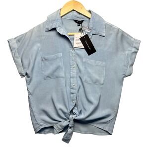SIM & SAM Light Wash Denim Tie Front Collared Short Sleeve‎ Shirt Top Coastal M